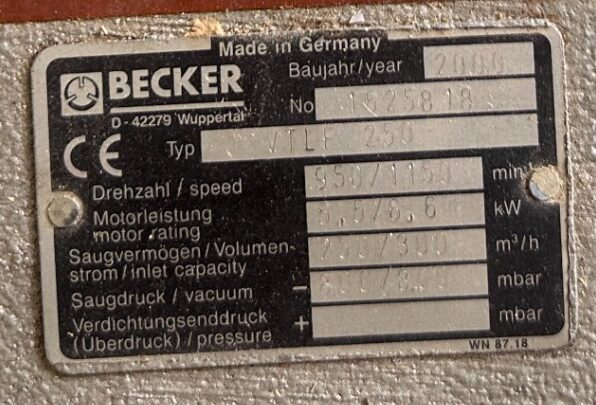 Becker VTLF 250 Vacuum Pump. Becker VTLF 250 Vacuum Pump.